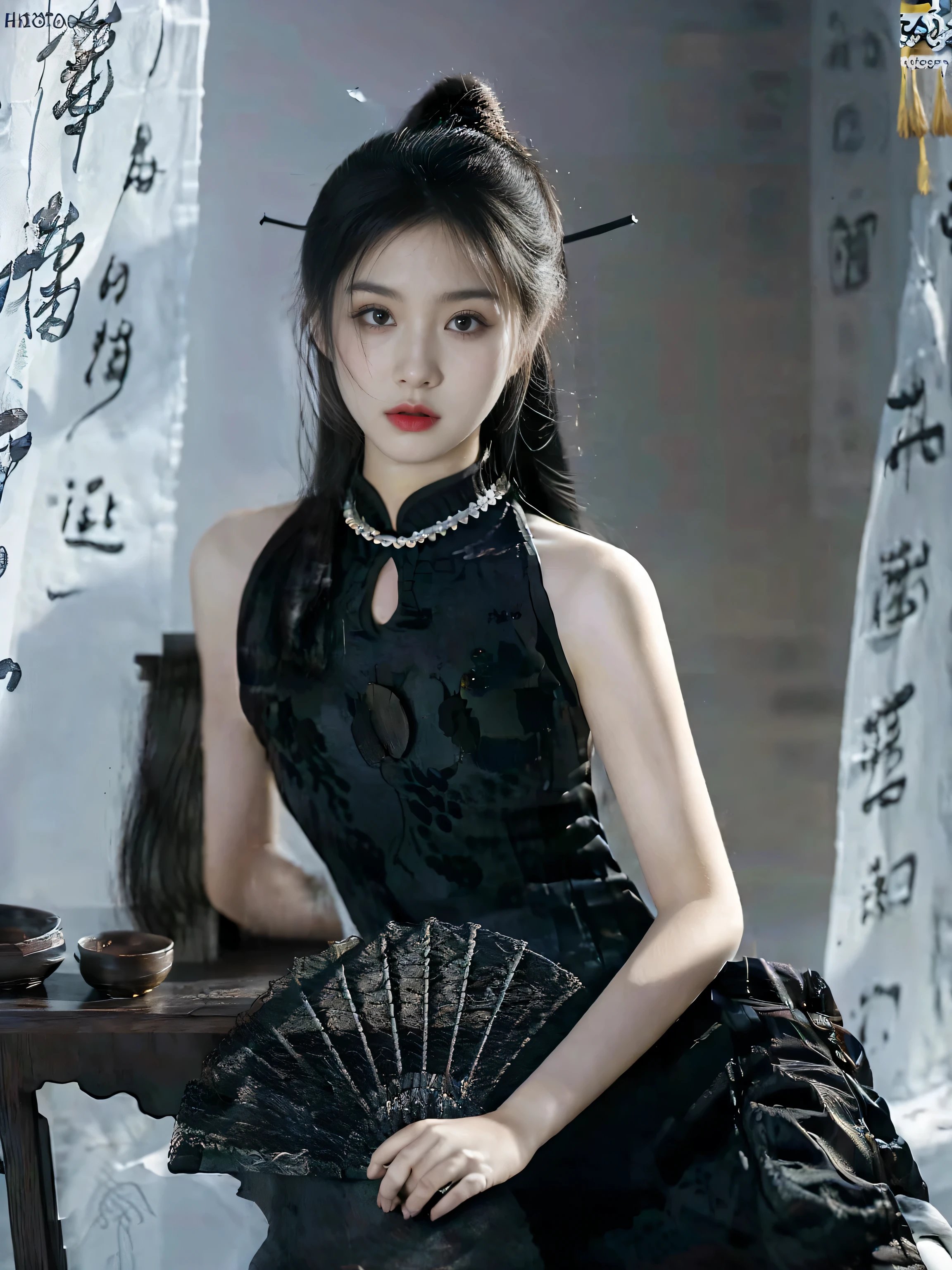 best quality,masterpiece,超high resolution,(actual:1.4),original photo,ultra high definition，lifelike，1 girl，(photographic reality: 1.4) ，special details，dramatic lighting，high resolution，8K，absurdist，solo，calligraphy _ background，((Chinese calligraphy)) ，Keep，Black cheongsam，writing，ancient chinese temple，china tower，indoor，Sunset，((Chinese candlelight))) ，Chinese Girl 5，long white hair，solo，black hair