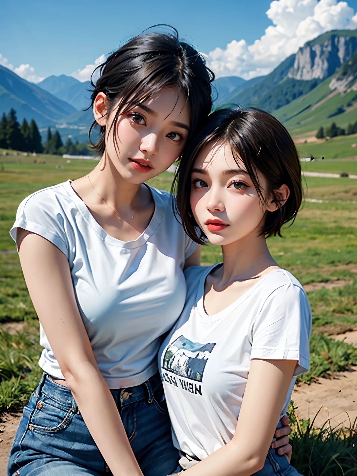 Two asian women sitting on a bench in a field - SeaArt AI