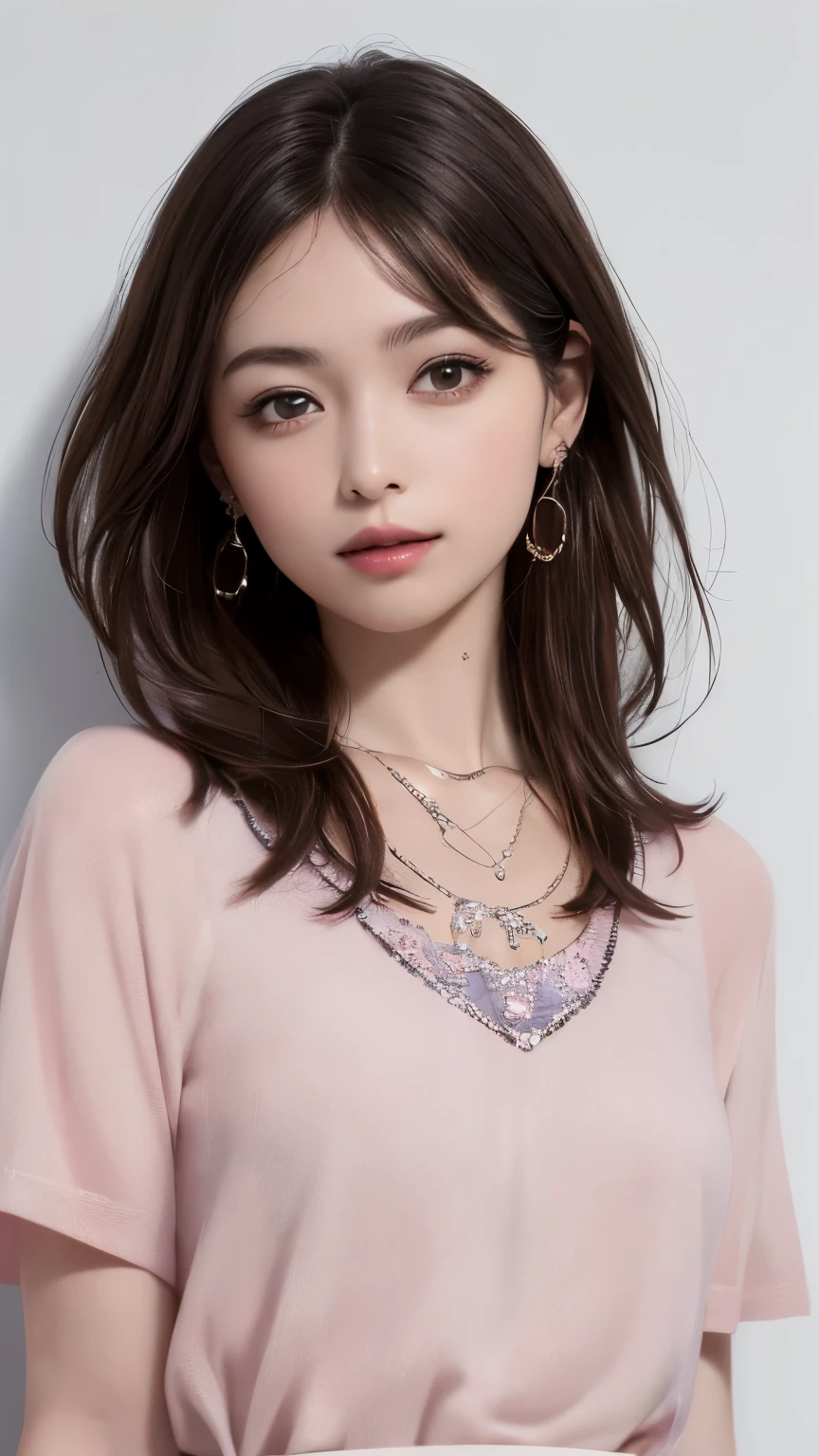 (highest quality、8k、32K、masterpiece、nffsw:1.2)、(RAW photo)、(realistic)、(Photoreal:1.2)、(High resolution)、Super detailed、very beautiful face and eyes、1 girl、round and small face、thin waist、delicate body、(highest quality、high detail、rich skin details、nffsw)、(highest quality、8k、oil paint:1.2)、Super detailed、(realistic、realistic:1.37)、bright colors、(((cheeks are flushed)))、(((woman&#39;face)))、(((White and gray underwear)))、(((touch my light brown hair)))、(((Bewitching atmosphere)))、(((laughter)))、(((From the waist up, it is visible)))、(((white background)))、((lob hair))、(((pure white wall background)))、(((she is wearing a pink and black t-shirt)))、(((pure white wall background)))、(((pink and black clothes)))、(((Tamil words are written on the chest of the clothes..)))、crescent necklace、A crescent moon is drawn on the belly button of the shirt..