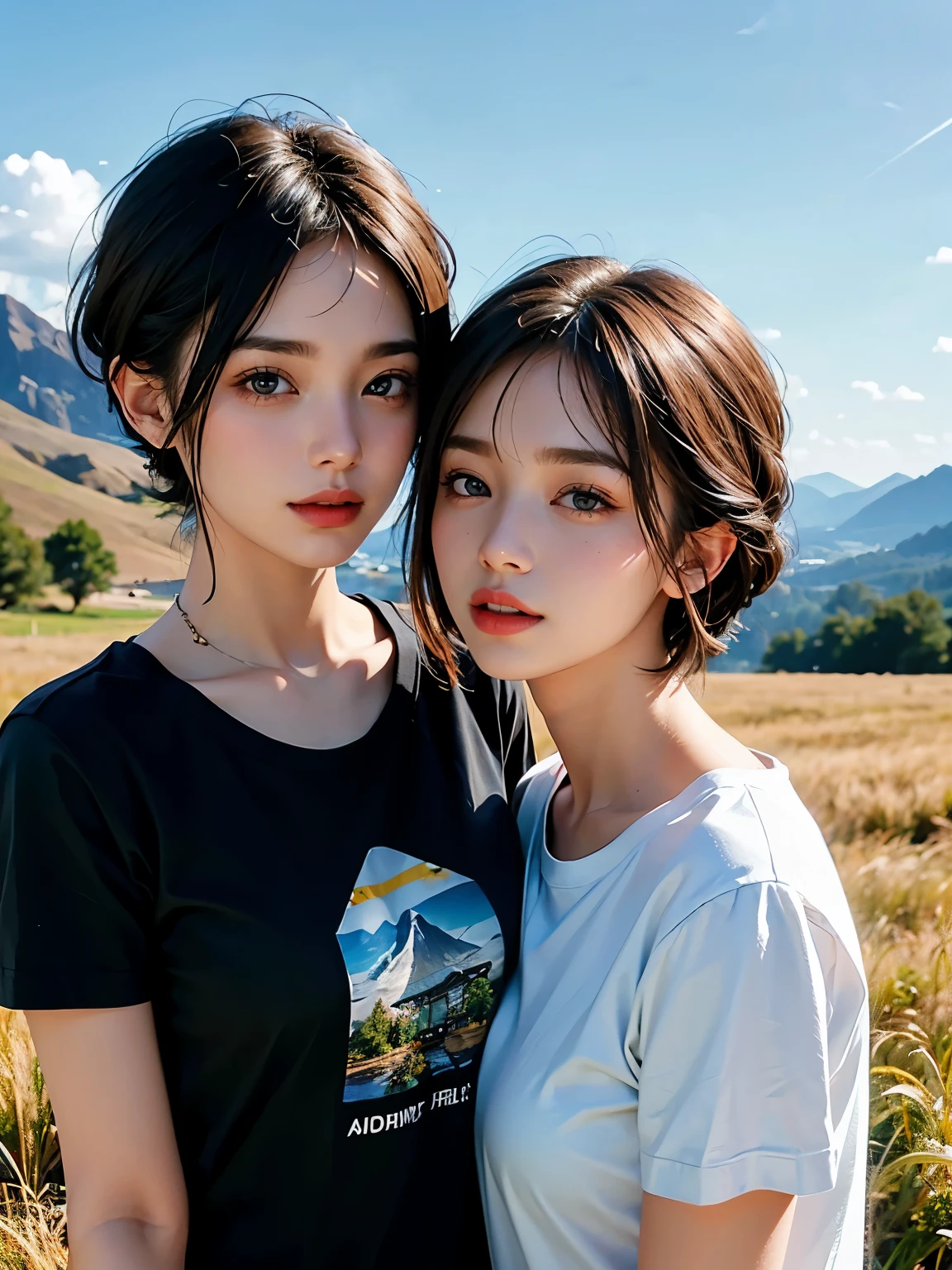 Two asian women standing in a field with mountains in the background -  SeaArt AI