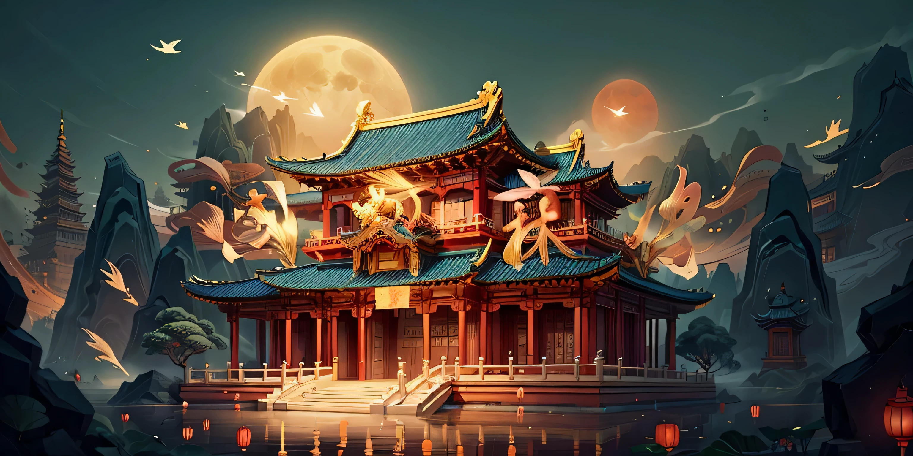 高阁palace, silk wrapped around beams，no humans, (big moon)，an osmanthus tree，lantern，palace，Chinese architectural motifs，cloud, Beautiful Chinese style，Ivory Gold AI, golden curve，masterpiece,Super exquisite,hard,super rich,super detailed,32k