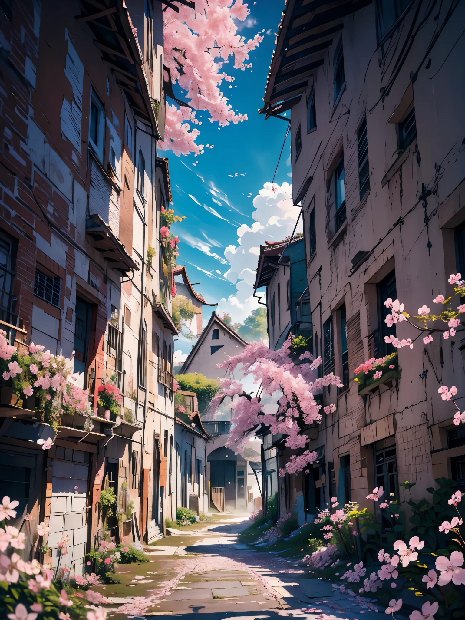 4k, Realista, Muito detalhado, Lente grande angular, damp medieval town, vibrante, fantastic plants, uma casa grande, estilo makoto shinkai, fundo de anime, arte conceitual, (nenhum personagem aparecendo), Realista lighting, epic composition, difuso, (obra de arte, melhor qualidade), super hd, 32k --v 6, (((cherry blossom leaves all over the view)))