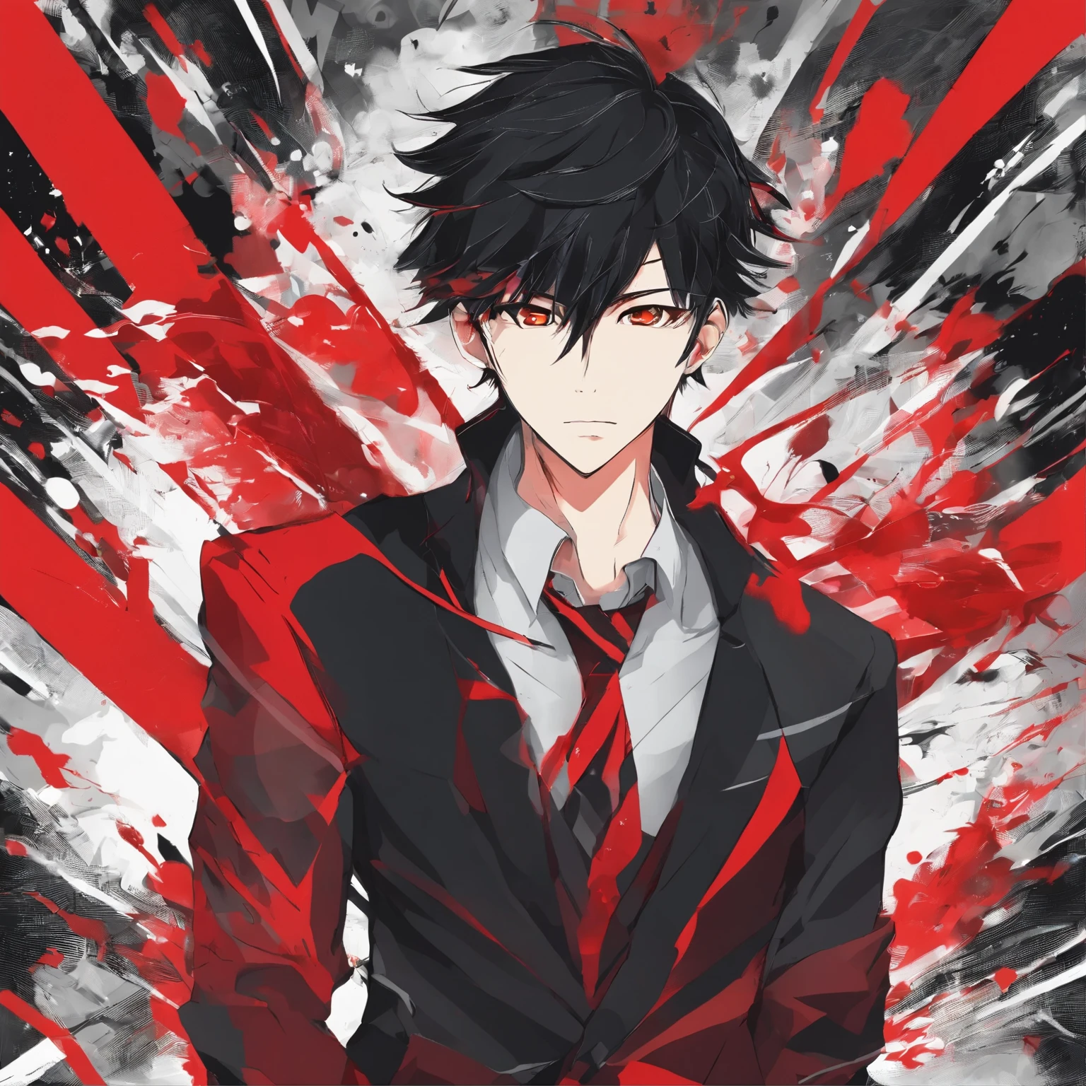 Anime character with black hair and red tie standing in front of a red and  black background - SeaArt AI