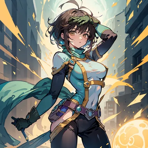 Create a woman stronger than saitama with short brunette hair in a hero outfit 