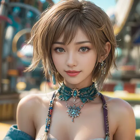 4k,1、(((topless))), High resolution, super detailed), 1 female, 28 years old, Final Fantasy Yuna x2, More mature, ((simple backg...