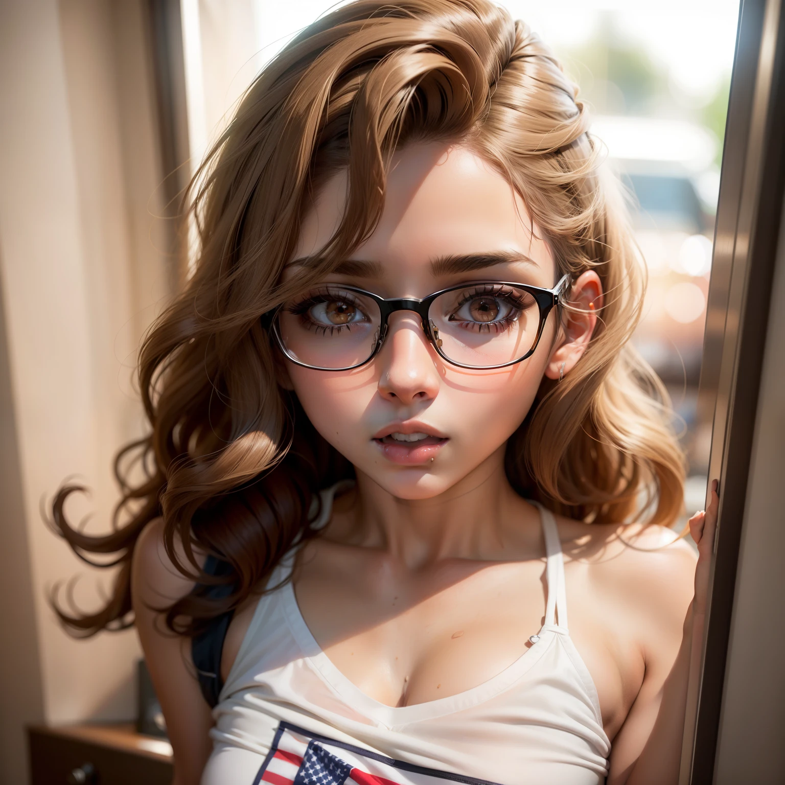 20 years old woman, The hair is smooth and short and at the ends is wavy is light brown, usa gafas, tiene ojos marrones, light brown skin, Your body is BBS and is developed, en la parte superior del cuerpo, senos grandes