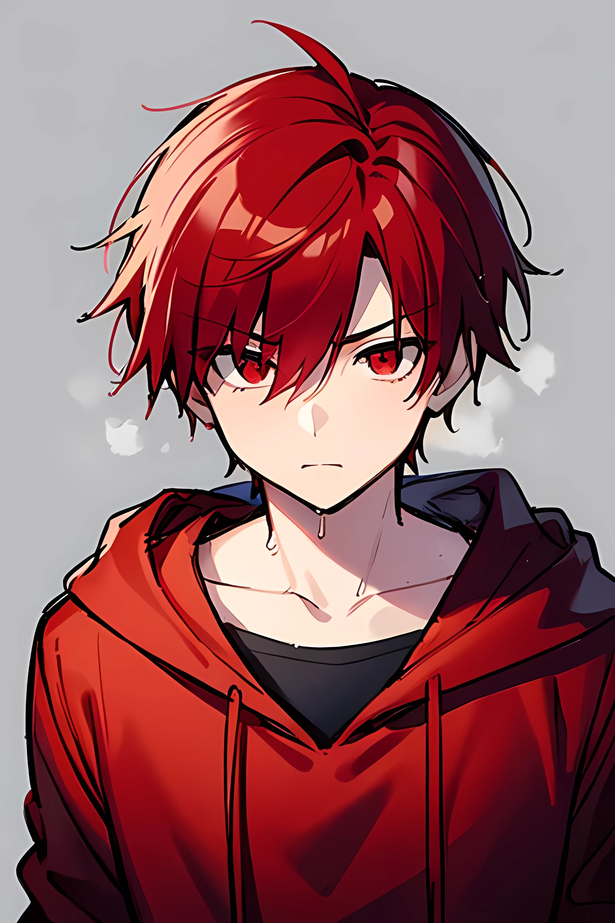 Chico anime con pelo rojo, camisa negra y sudadera con capucha roja. -  SeaArt AI