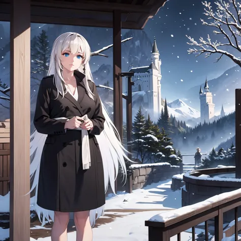 A woman wearing a long black cold coat, silver hair and blue eyes, outside Neuschwanstein castle, snowing place, frosty weather
