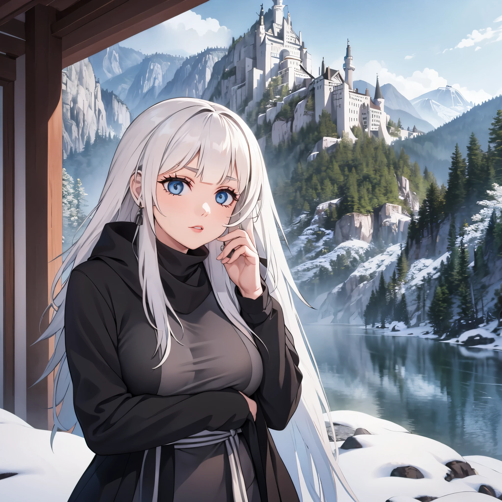Eine Frau trägt einen langen schwarzen Kaltmantel, silberne Haare und blaue Augen, outside Neuschwanstein castle, schneit, Frostiges Wetter
