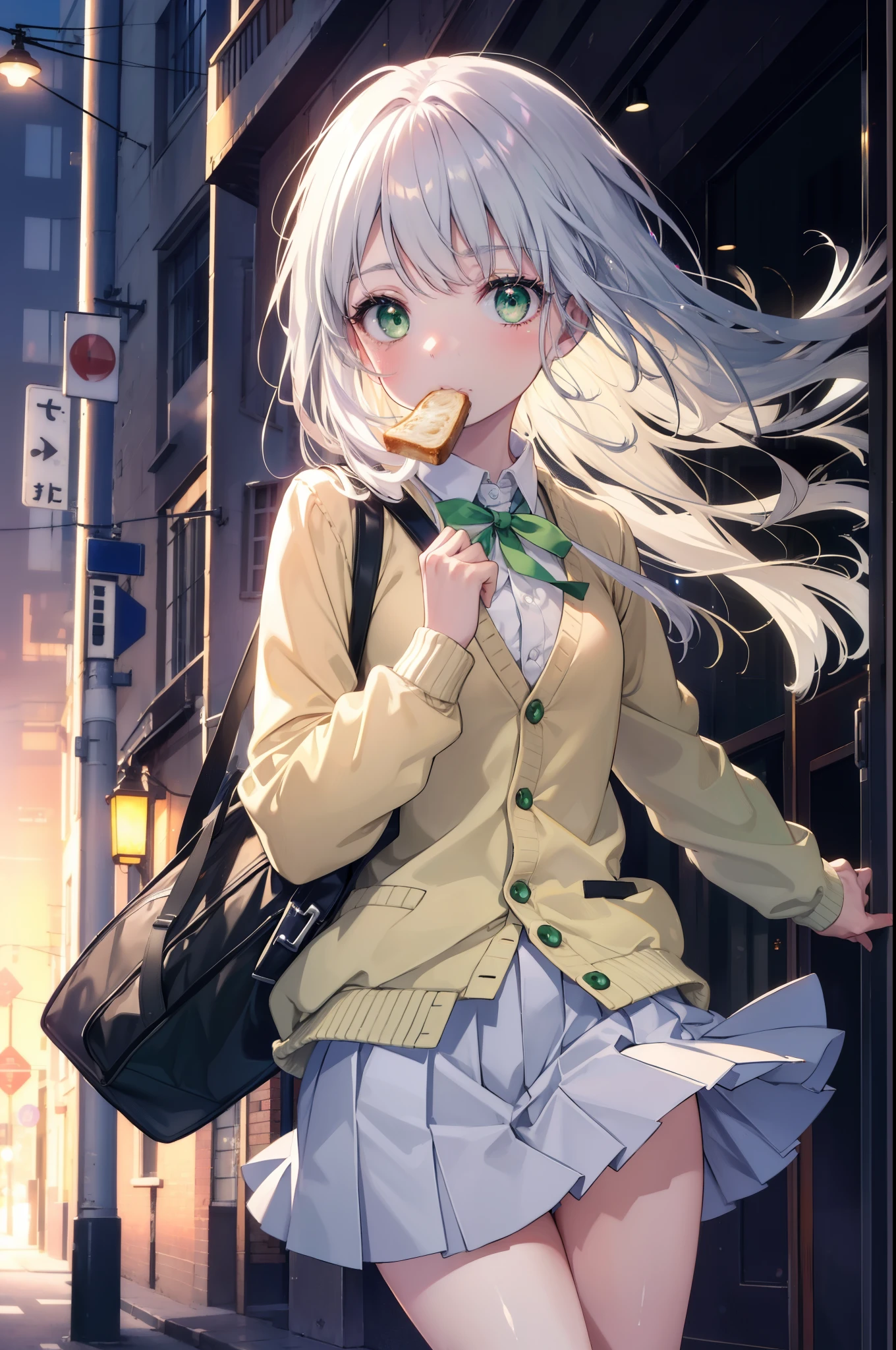 index, index, (green eyes:1.5), silver hair, long hair, (flat chest:1.2),yMedium sleeve shirt,ribbon,Yellow cardigan,blazer,black pleated skirt,white pantyhose,loafers,toast in your mouth, running, city street,morning,morning日,sunrise,A girl running with a student bag,
break looking at viewer, Upper body, ぜん
break outdoors, In town,
break (masterpiece:1.2), highest quality, High resolution, unity 8k wallpaper, (figure:0.8), (detailed and beautiful eyes:1.6), highly detailed face, perfect lighting, Very detailed CG, (perfect hands, perfect anatomy),