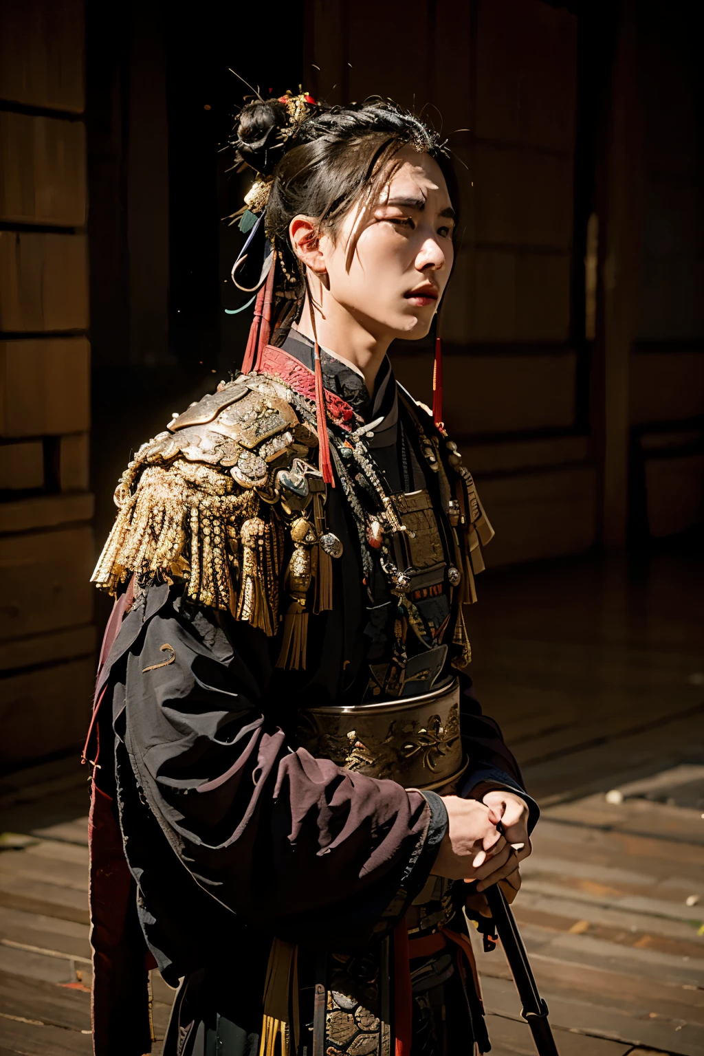 Gere uma cena realista ambientada na China antiga, refletindo a proibição de homens chorarem durante o reinado do imperador Qin Shi Huang. Ilustre as normas sociais e as consequências para os homens que choram, focando especificamente na punição única de raspar a barba e as sobrancelhas. Garanta a precisão histórica nos elementos visuais