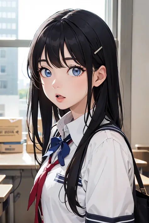 Looking sideways, looking at you, clear blue eyes, long black straight hair, reddish cheeks, hairpin, school uniform, mouth open...