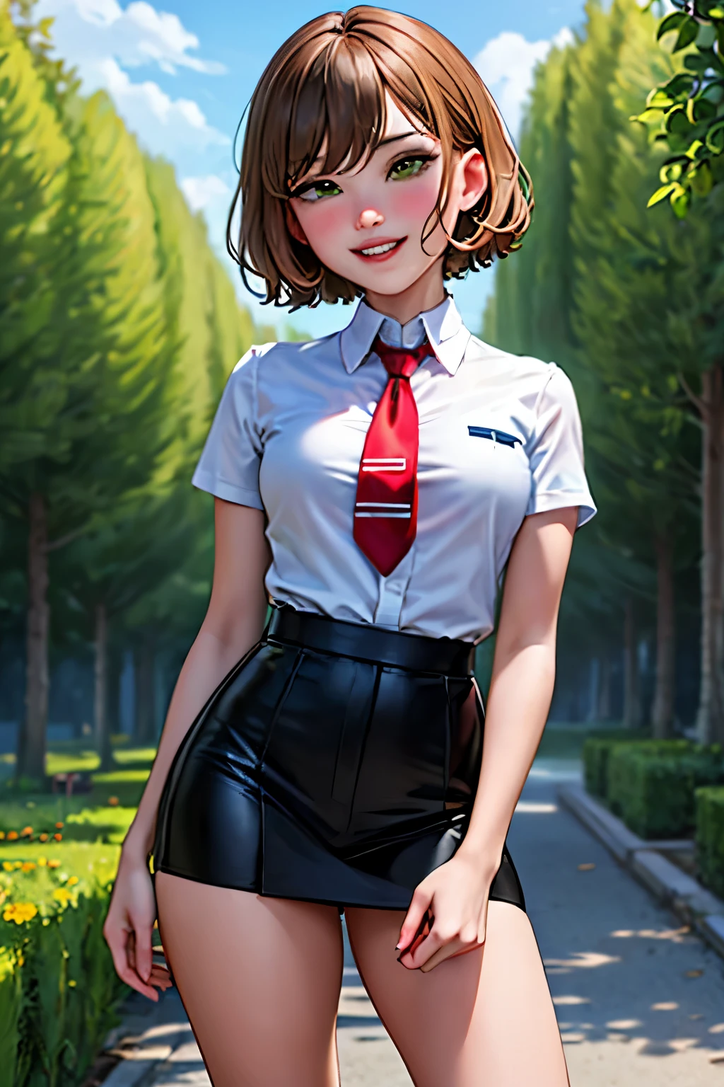 Anime girl in short skirt and tie posing in front of trees - SeaArt AI