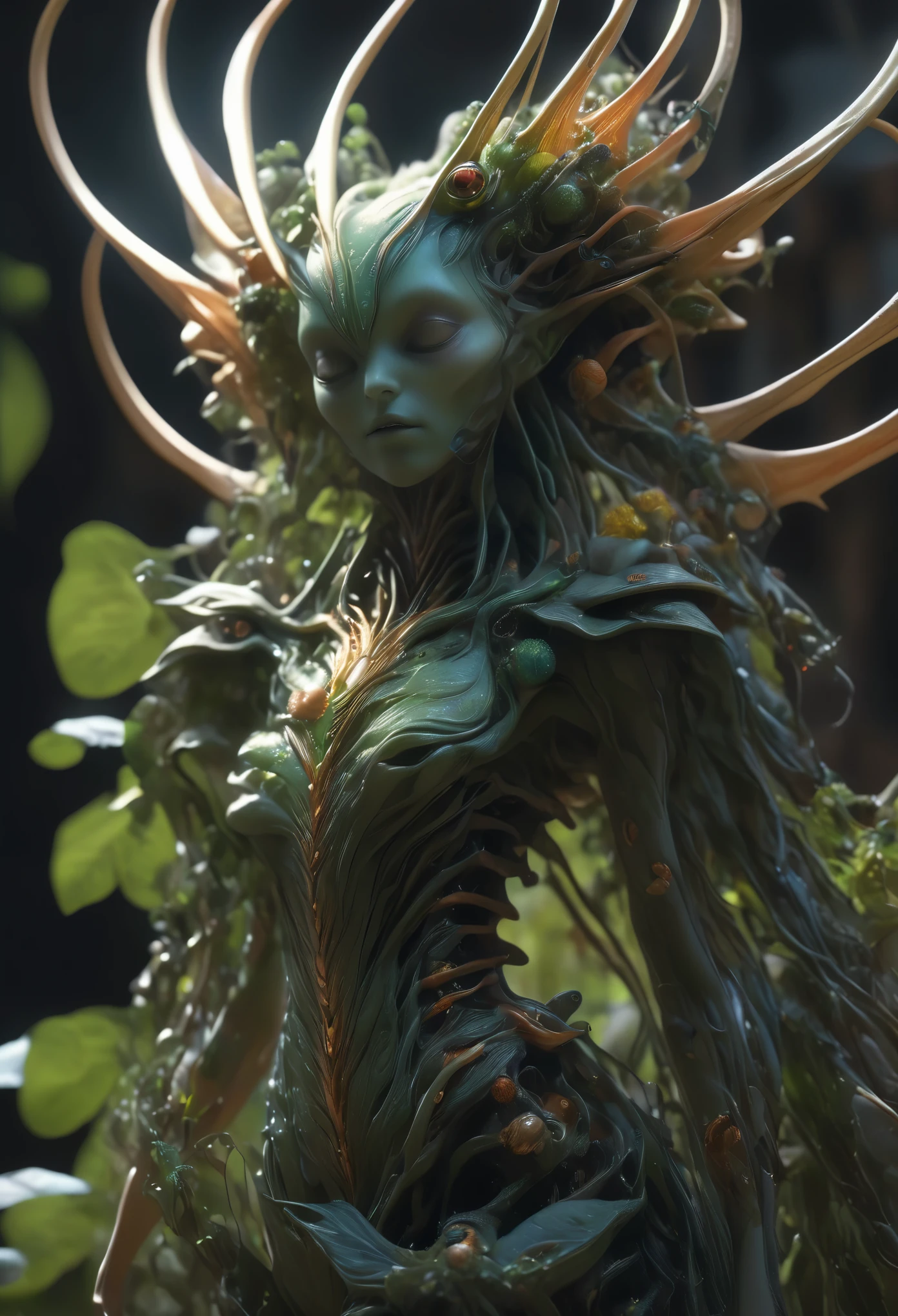 Insektenartiges Mädchen, alien girl on her planet, außerirdischer Körper, Fehler Körper, Fühler, Mandibeln, 8k, UHD, Meisterwerk, hohe Auflösung, feine Details, realistisch, highly ausführlich, perfekte Komposition, Schön, ausführlich, insanely ausführlich, octane render, Trends auf ArtStation, 8k künstlerische Fotografie, photorealistisch concept art, soft, natürlich, Volumetrisch, filmisch, natürlich light, geheimnisvoll