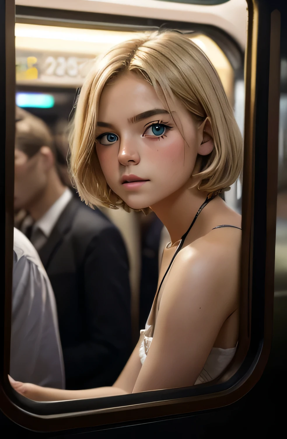 photography, portrait, french,  girl, green eyes, blond hair, baghugging, salopette, short hair, beautiful hair, makeup, octane rendering, 8K, beautiful lighting, crowded train background, golden ratio compositing