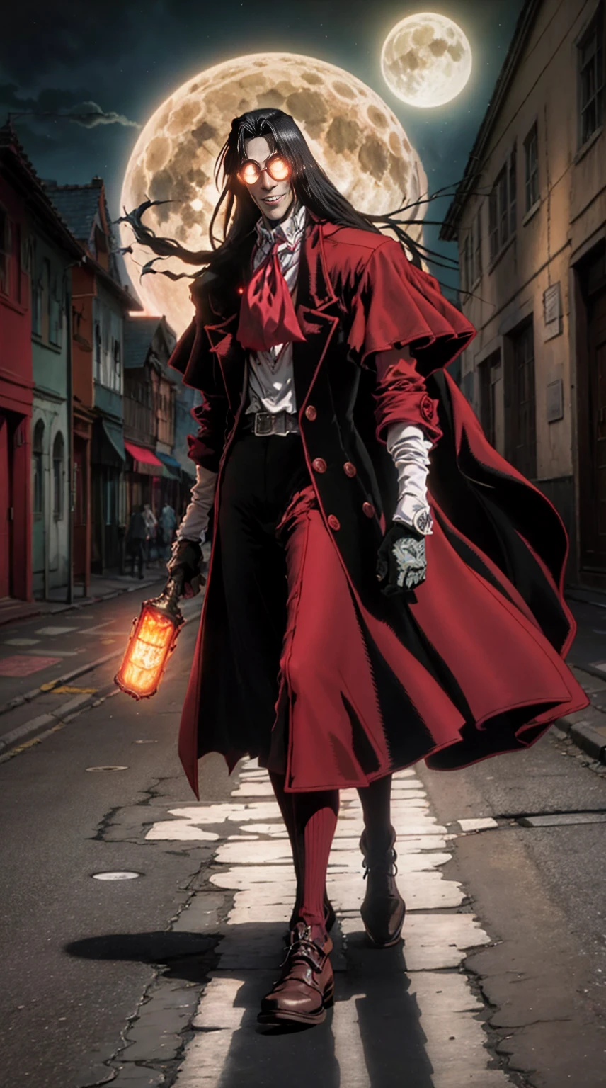 Bonjour, personnage d&#39;alucard, (Homme) personnage debout,  manteau rouge, les yeux rouges, paysage de nuit, fond de lune rouge, cheveux noirs