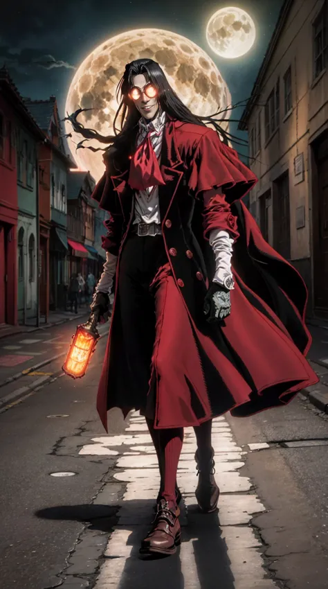 hellsing, personagem alucard, (man) standing character,  sobretudo vermelho, olhos vermelhos, paisagem de noite, lua vermelha de...