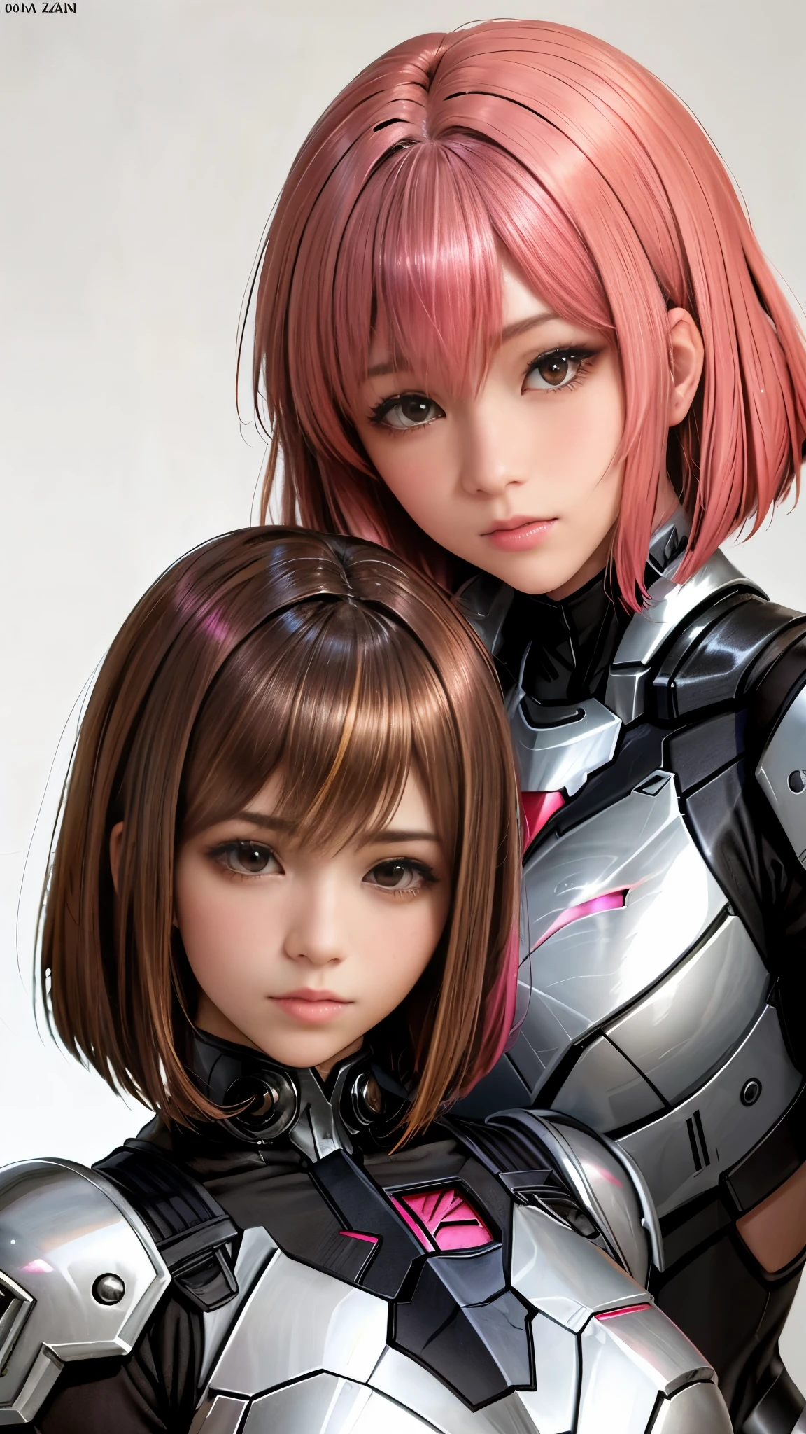 Photo of two realistic black Sazabi girls，Shortcut Bob Cut，I have a lot of hair，brown eyes，Hair color is bright pink，cool look，background is gray，16 year old daughter of Haman Khan and Char Aznable.