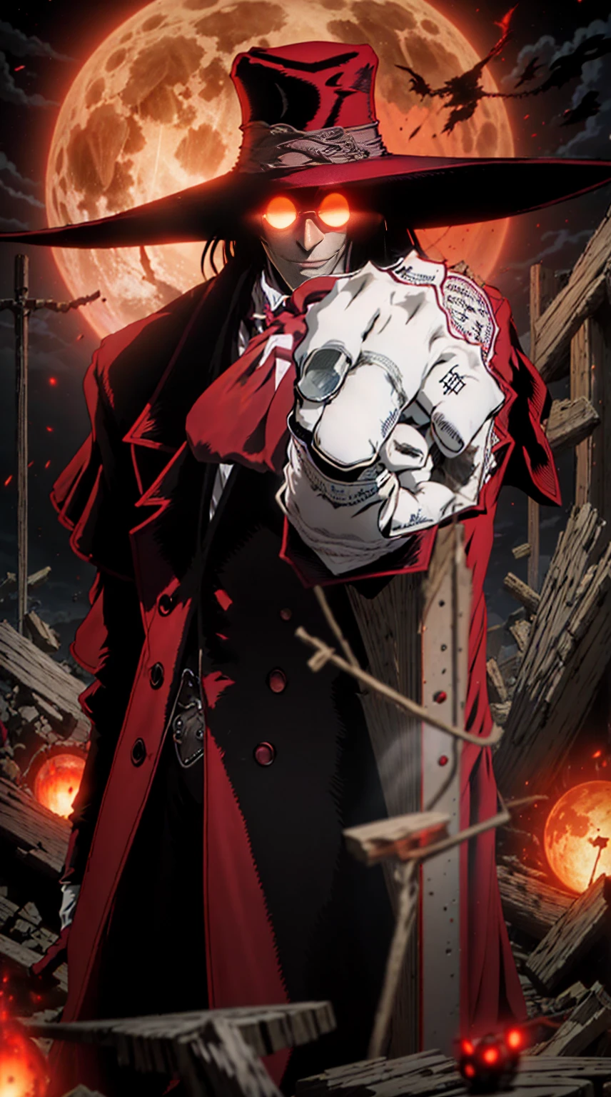 Hallo, Charakter Alucard, (Mann) Stehender Charakter,  roter Mantel, rote Augen, Nachtlandschaft, roter Mondhintergrund, schwarzes Haar