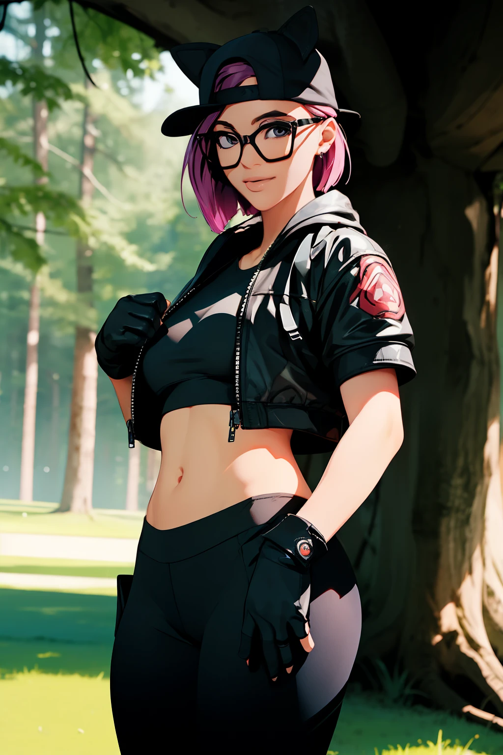 1 girl, (masterpiece), (best quality), standing, (solo), looking at viewer, high detailed,extremely detailed, fine eyes, smile,dynamic pose, short pink hair,cap,crop top, jacket,fingerless glove,curvy,forest,glasses,(gray leggings),(portrait:1.2),