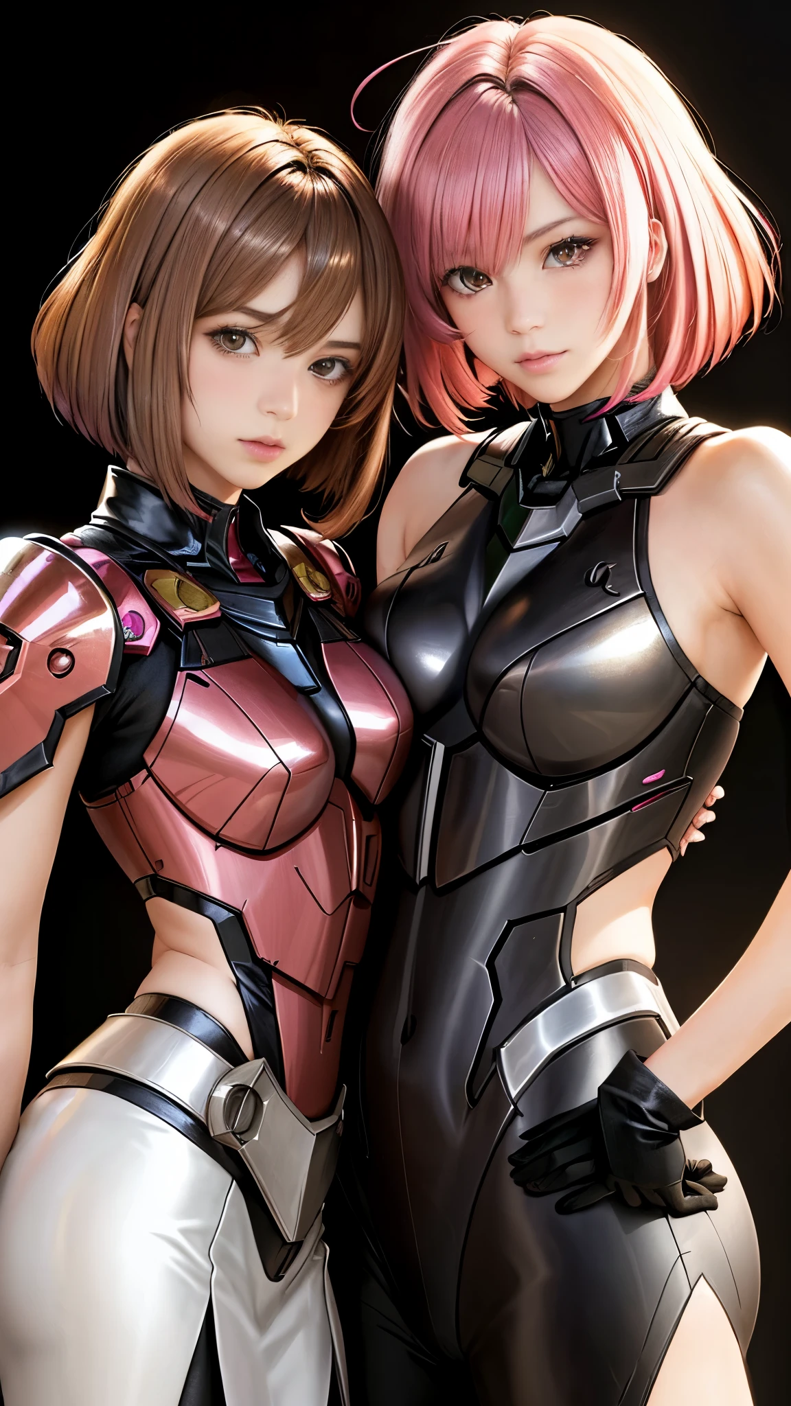 Photo of two realistic black Sazabi girls，Shortcut Bob Cut，I have a lot of hair，brown eyes，Hair color is bright pink，cool look，background is gray，16 year old daughter of Haman Khan and Char Aznable.