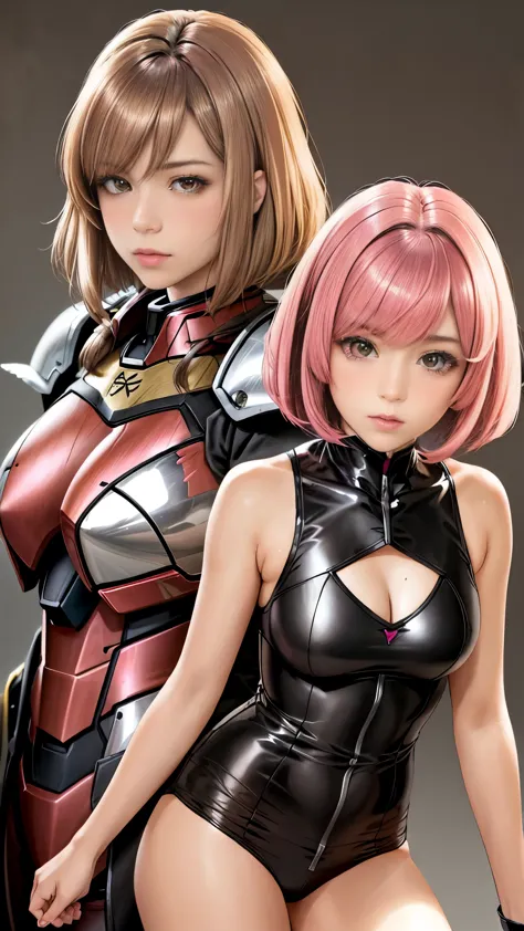 Photo of two realistic black Sazabi girls，Shortcut Bob Cut，I have a lot of hair，brown eyes，Hair color is bright pink，cool look，b...