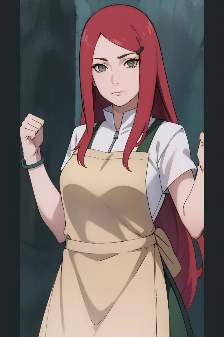 {-erro_de_anatomia:1.0} kushina, kushina, long hair, hair ornament, red hair, red head, hairclip, (grey eyes:1.5), BREAK shirt, dress, jewelry, white shirt, short sleeves, apron, bracelet, green apron, collar, BREAK looking at viewer, upper body, full body, cowboy shot, BREAK indoors, BREAK (masterpiece:1.2), best quality, high resolution, unity 8k wallpaper, (illustration:0.8), (beautiful detailed eyes:1.6), extremely detailed face, perfect lighting, extremely detailed CG, (perfect hands, perfect anatomy), fighting pose, clenched hands, closed hands, contracted fingers, arm stretched out, raised fist, about to punch, detailed fist,  focus fist,
