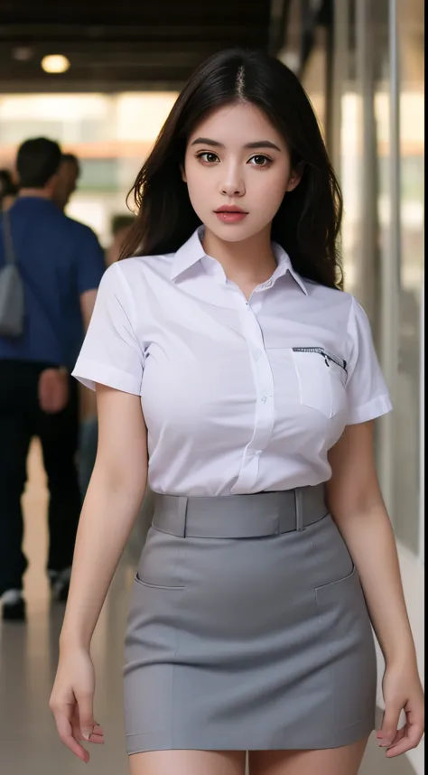 cinematic photo cinematic film still 4c3w3k, white fabric, grey fabric, full body photo of the most beautiful woman in the world wearing the 4c3w3k, collared shirt, short sleeves, skirt, pocket,  . shallow depth of field, vignette, highly detailed, high bu...