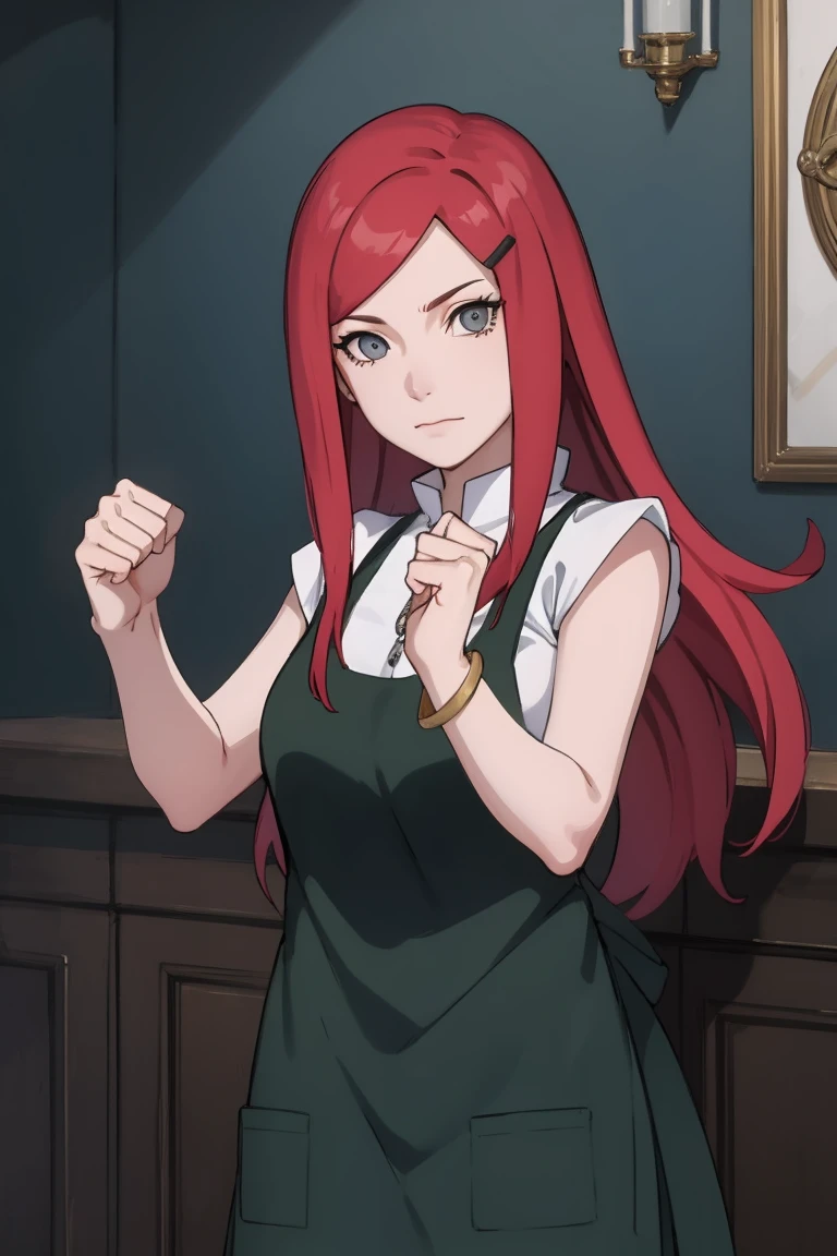 {-erro_de_anatomia:1.0} kushina, kushina, long hair, hair ornament, red hair, red head, hairclip, (grey eyes:1.5), BREAK shirt, dress, jewelry, white shirt, short sleeves, apron, bracelet, green apron, collar, BREAK looking at viewer, upper body, full body, cowboy shot, BREAK indoors, BREAK (masterpiece:1.2), best quality, high resolution, unity 8k wallpaper, (illustration:0.8), (beautiful detailed eyes:1.6), extremely detailed face, perfect lighting, extremely detailed CG, (perfect hands, perfect anatomy), fighting pose, clenched hands, closed hands, contracted fingers, arm stretched out, raised fist, about to punch, detailed fist,  focus fist,
