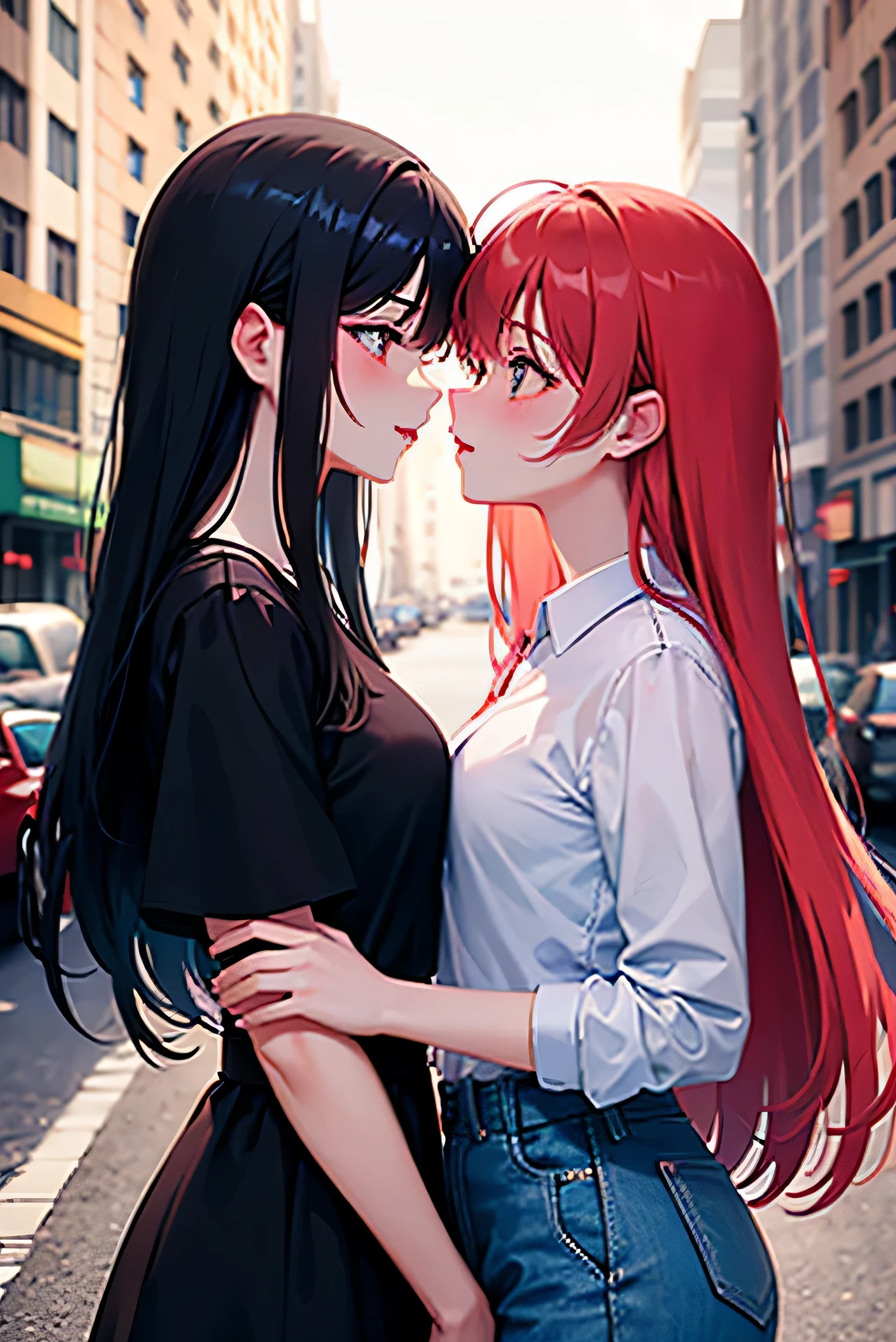 도시에서 키스하는 여자친구, 그 중 한 명은 긴 검은 머리를 갖고 있고, 다른 한 명은 짧은 붉은 머리를 갖고 있습니다..