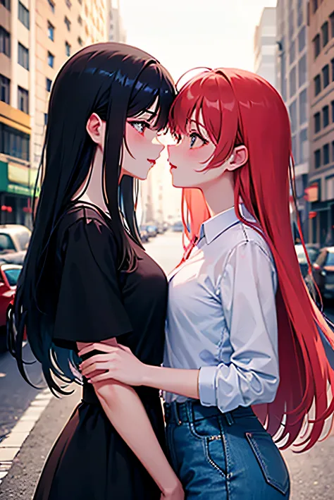 girlfriends kissing in the city, uno de ellos tiene el pelo largo negro y el otro el pelo corto rojo.