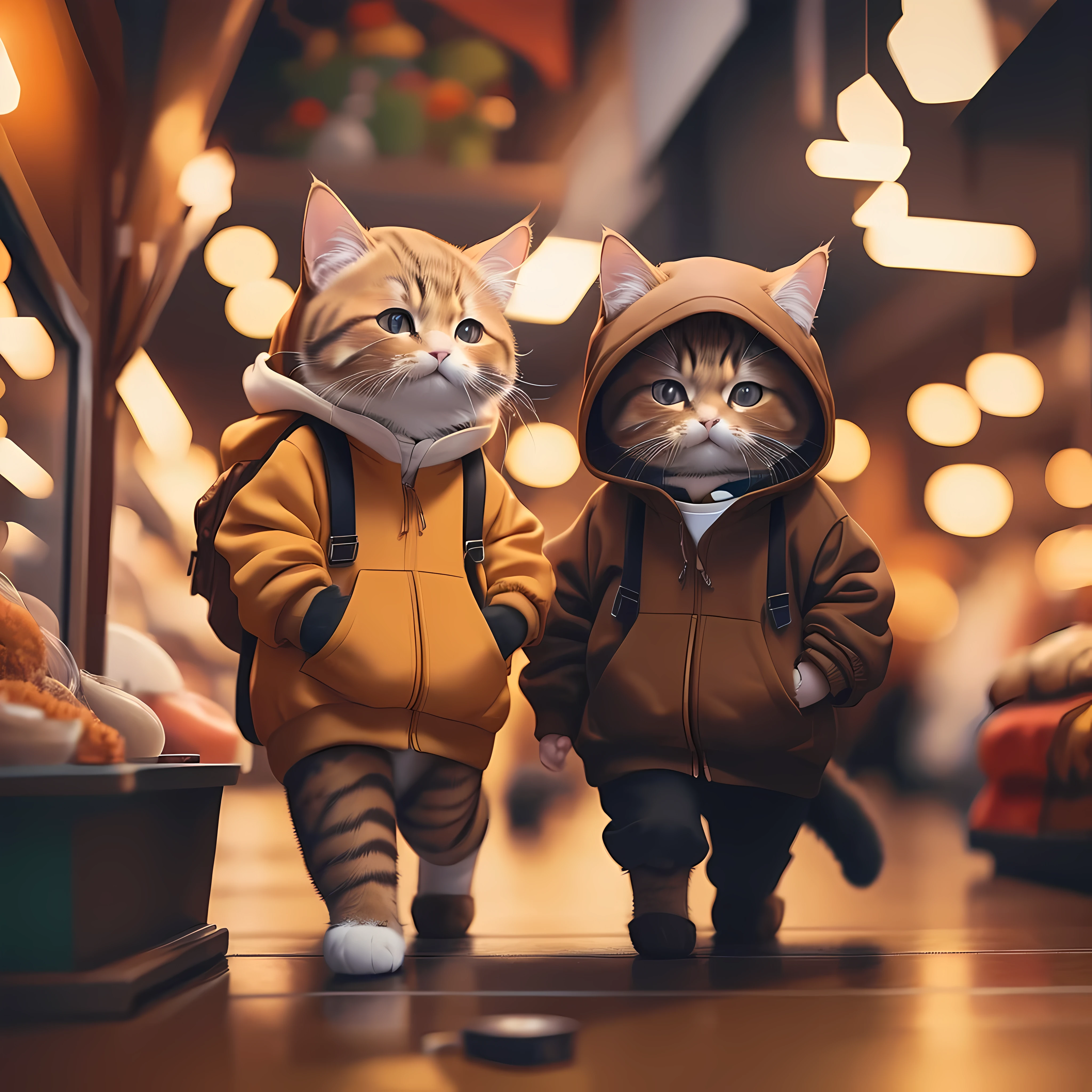 furry brown cat, Very detailed cat and fur, Wearing a dark brown hoodie, Roaming the Chinese Market, very detailed image, Kodak 400, Atmospheric light, 50mm lens