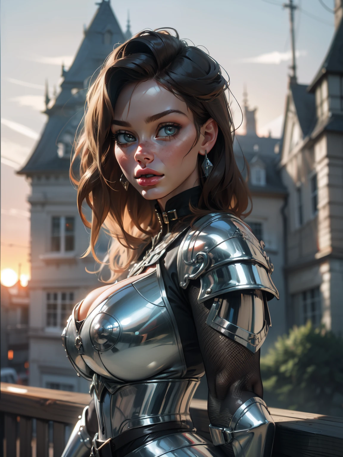 (masterpiece), (extremely intricate:1.3),portrait of a girl, the most beautiful in the world, (medieval armor), metal reflections, upper body, outdoors, intense sunlight, far away castle, professional photograph of a stunning woman detailed, (sharp lines), (full lips), ((gigantic breasts)), sharp focus, dramatic, award winning, cinematic lighting, octane render  unreal engine,  volumetrics dtx, (film grain, blurry background, blurry foreground, bokeh, depth of field, sunset, motion blur:1.3), chainmail