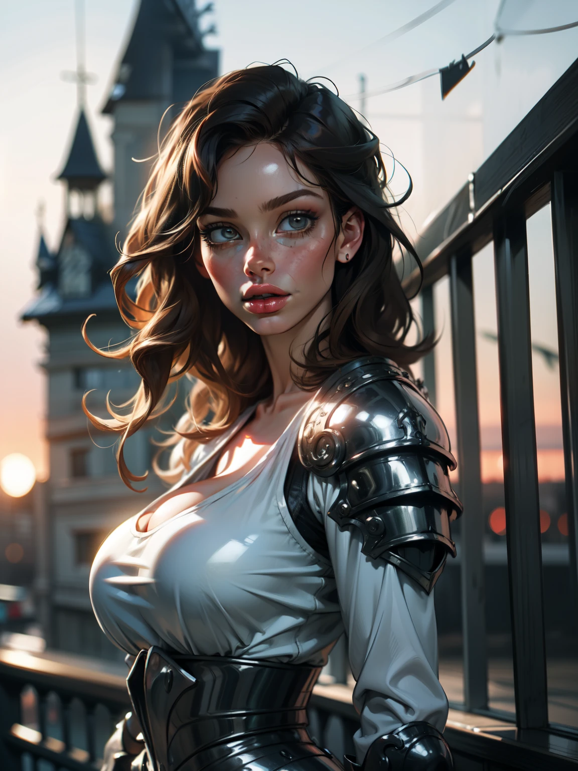 (masterpiece), (extremely intricate:1.3),portrait of a girl, the most beautiful in the world, (medieval armor), metal reflections, upper body, outdoors, intense sunlight, far away castle, professional photograph of a stunning woman detailed, (sharp lines), (full lips), ((gigantic breasts)), sharp focus, dramatic, award winning, cinematic lighting, octane render  unreal engine,  volumetrics dtx, (film grain, blurry background, blurry foreground, bokeh, depth of field, sunset, motion blur:1.3), chainmail