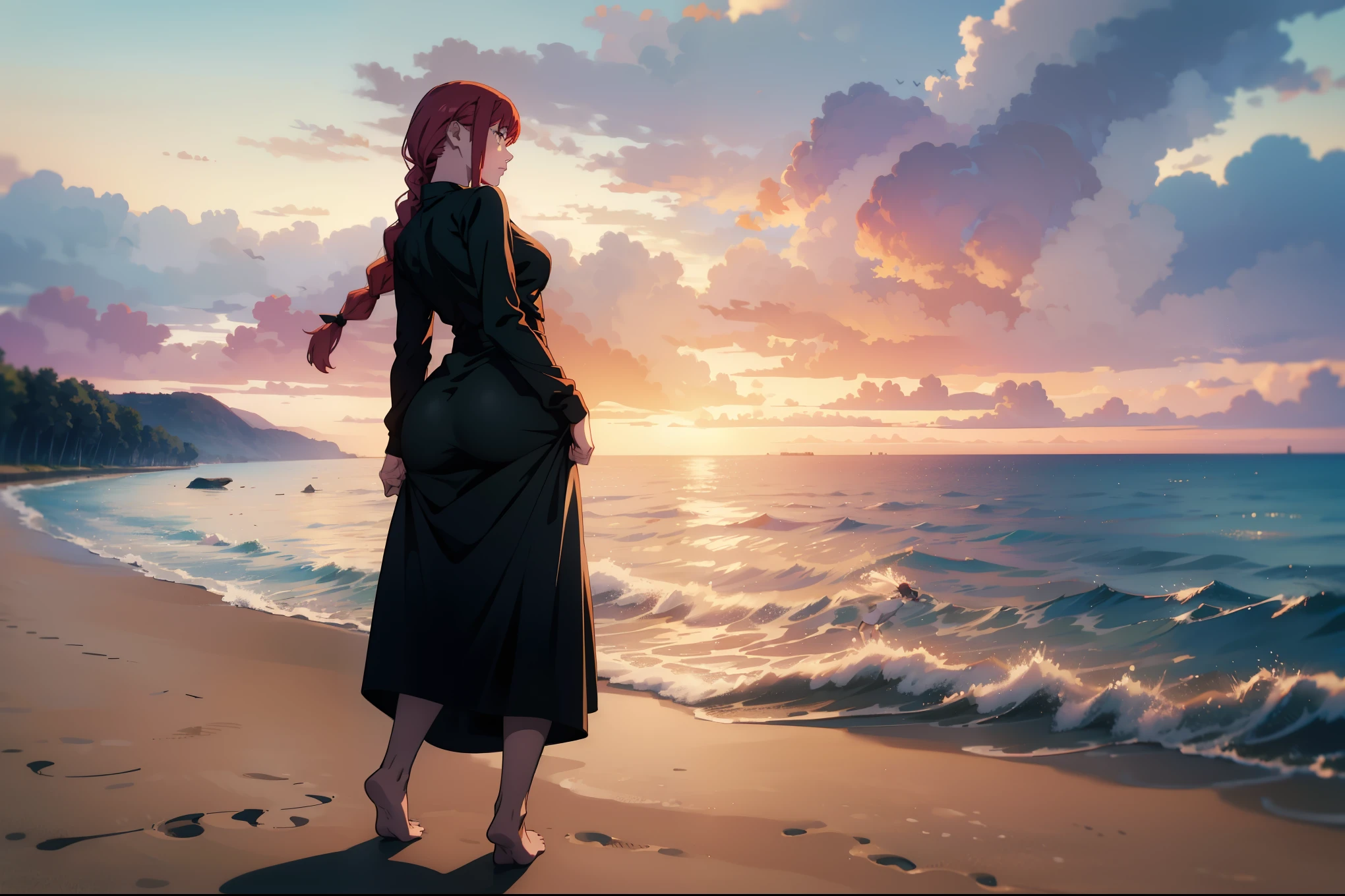 Solo,1girl,a beautiful woman in a tight black dress with long sleeves, from behind, looking back, on a beach, panoramic horizon, sunset, beautiful landscape, masterpiece, stunning body, big ass, barefoot, redhead, braid ,showing her ass, lifting her skirt,entering the water, footprints in the sand 