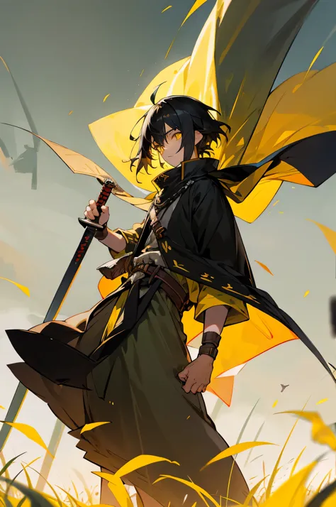 young adult, male, black hair, poncho, one sword in hand the other on back, sheathe, grassland background, yellow eyes, freedom ...