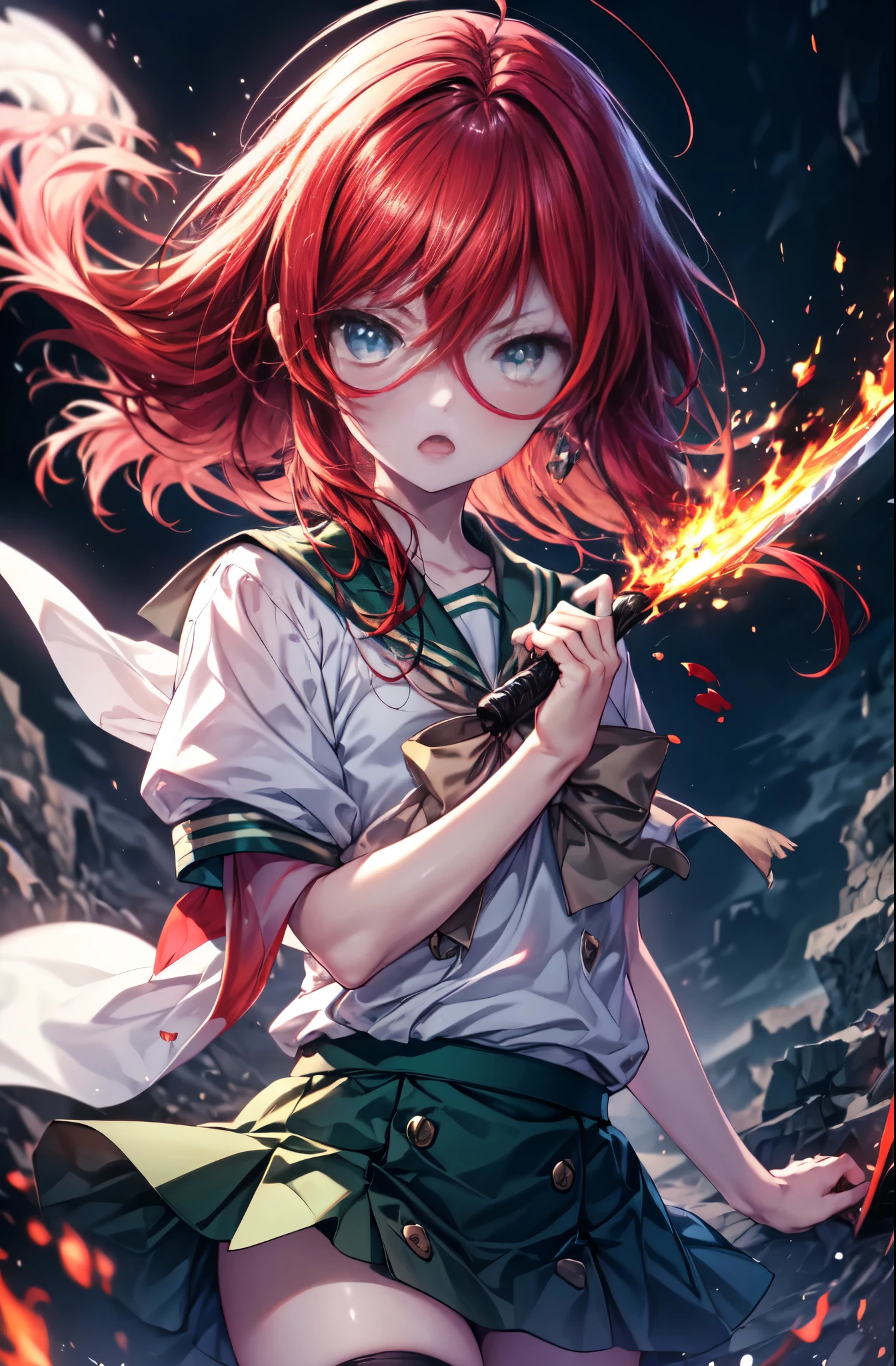 1 girl, cowboy shot, rubble ruins, anger, (battle preparation:1.2), open your mouth, (night:1.2), explosive inflammation,shana, red eyes, redhead, very long hair, hair between eyes, (Ahoge:1.1), , , serafuku, white shirt, short sleeve, green skirt, Thighhighs, black rider suit,Holding the grip of a Japanese sword wrapped in flames with both hands。.,highest quality, (masterpiece:1.2), highest quality, High resolution, unity 8k wallpaper, (shape:0.8), (beautiful and detailed eyes:1.6), highly detailed face, perfect lighting, Very detailed CG, (perfect hands, perfect anatomy),