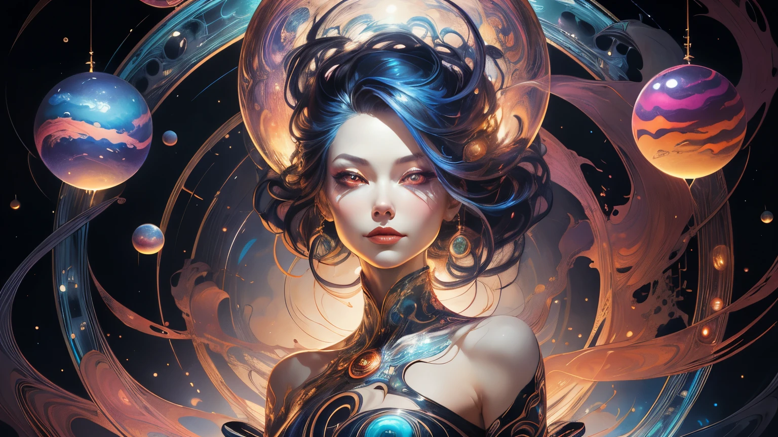 Ego. A female entity looking her reflect in a mirror, Dot Art, Graphite, Mural, Lisa Frank, Peter Mohrbacher, Victo Ngai / high contrast / planets / art deco / all circular object depicted as eye balls / swirling shapes / flowing contours / face of a mature woman