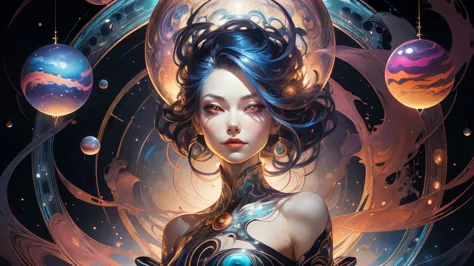 ego. a female entity looking her reflect in a mirror, dot art, graphite, mural, lisa frank, peter mohrbacher, victo ngai / high ...