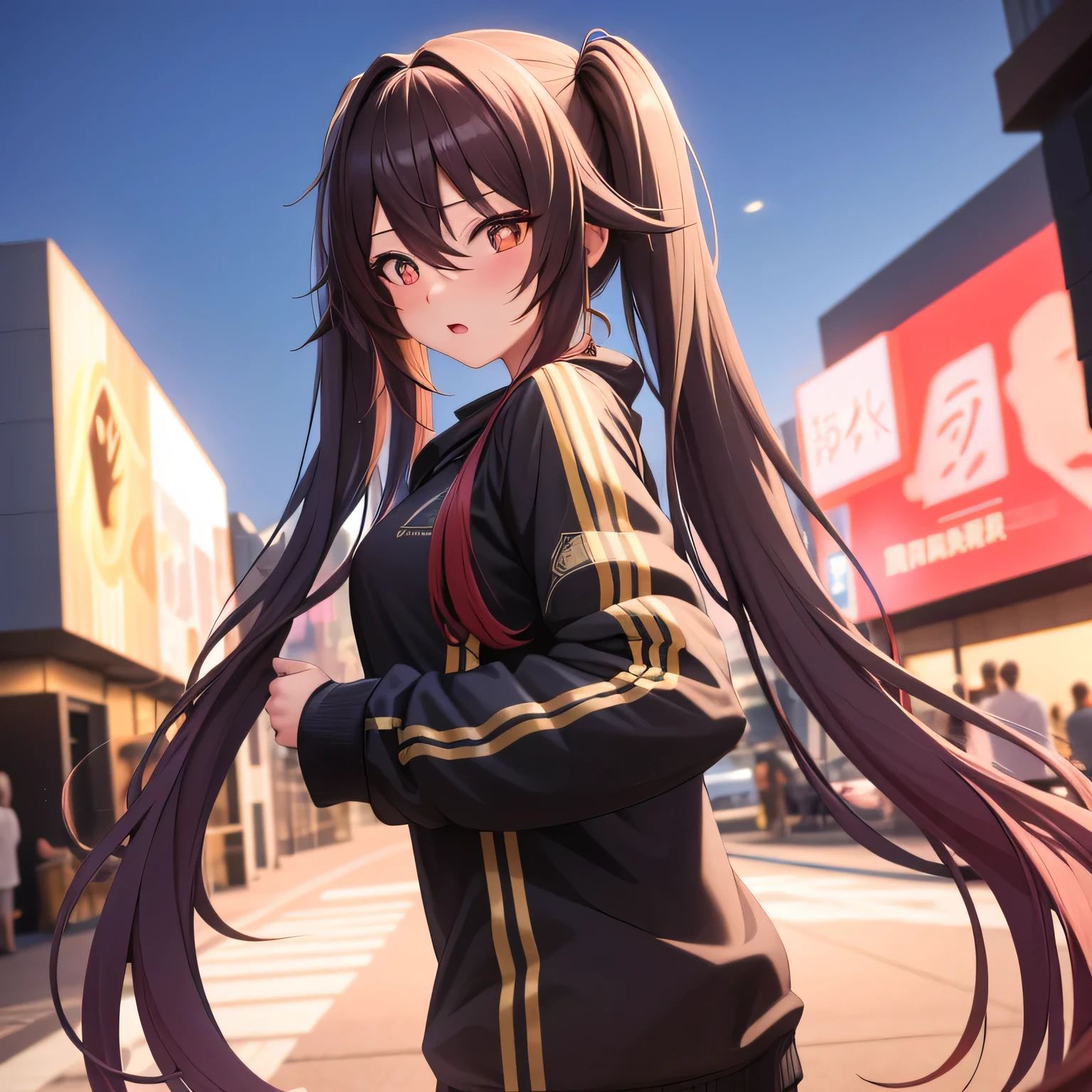 masterpiece, best quality, HuTaoV4, 1girl, solo, blush, twintails, long hair, hair between eyes, ((streetwear clothes)), city, outdoors, night, movie poster, extremely detailed 8K, smooth, high resolution, ultra quality, cinematic lighting, ambient occlusion, hd, 2k, 4k, 8k, 16k, extremely detailed anime, detailed faces, perfect composition, wide shot, atmospheric lighting, 