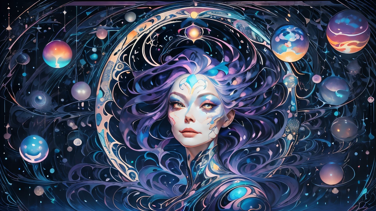 Ego. Ein weibliches Wesen, das sein Spiegelbild im Spiegel betrachtet, Punkt-Kunst, Graphit, Wandgemälde, Lisa Frank, Peter Mohrbacher, Victor Ngai / Hoher Kontrast / Planeten / Art Deco / alle kreisförmigen Objekte, dargestellt als Augäpfel / wirbelnde Formen / fließende Konturen / Gesicht einer reifen Frau