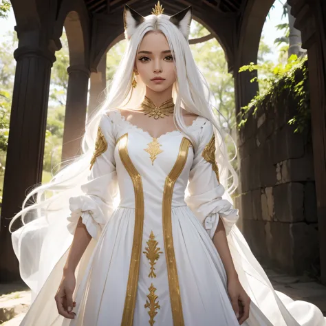 "Azeria" a deusa das travessuras, ela usa um vestido curto, vestido branco e ouro, She is a mix of fox and human, your hair is w...