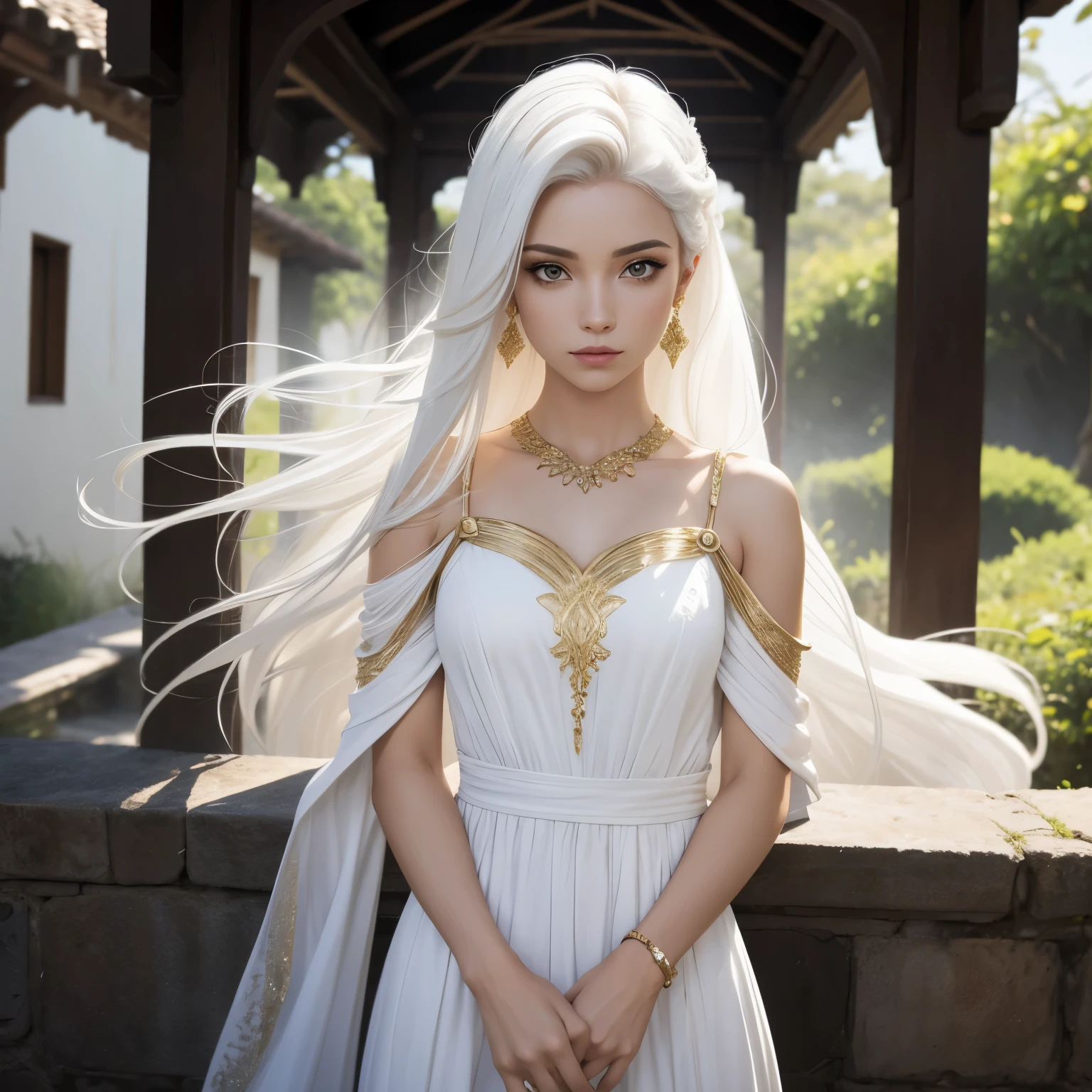 "Fox" the goddess of mischief, she wears a short dress, white and gold dress, She is a mix of fox and human, your hair is white, and has nine tails