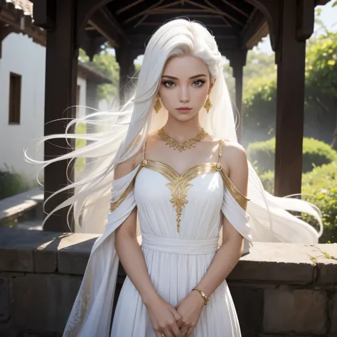 "Azeria" a deusa das travessuras, ela usa um vestido curto, vestido branco e ouro, She is a mix of fox and human, your hair is w...