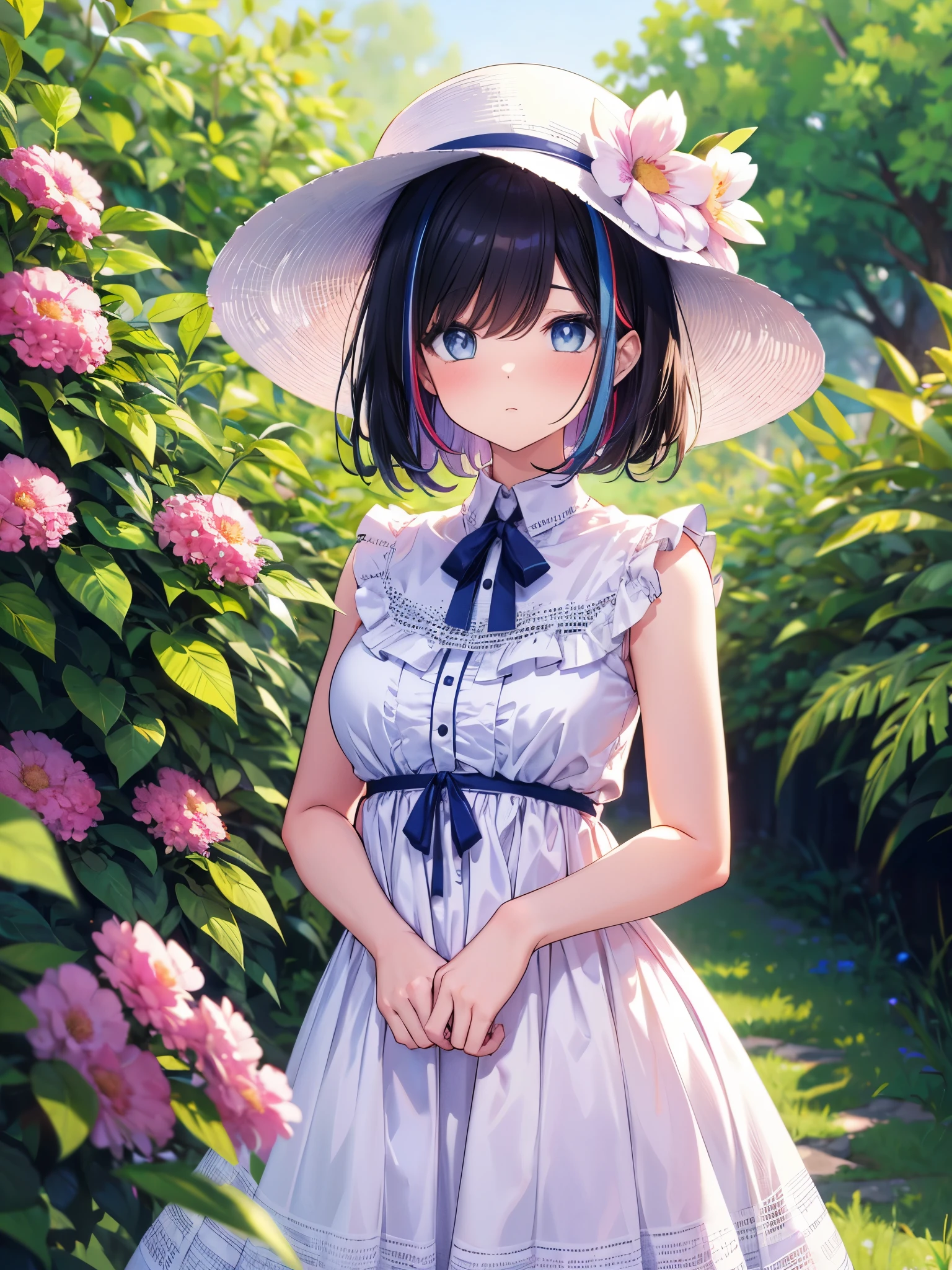 (cowboy shot), (best quality, ultra-high resolution, depth of field:1.2), adult, 1woman, toned body, medium breasts, wide hips, solo, black hair, streaked hair, short hair, bangs, upturned eyes, bright eyes, (wearing light blue summer dress), summer hat, flower field scenery, bored, serious expression