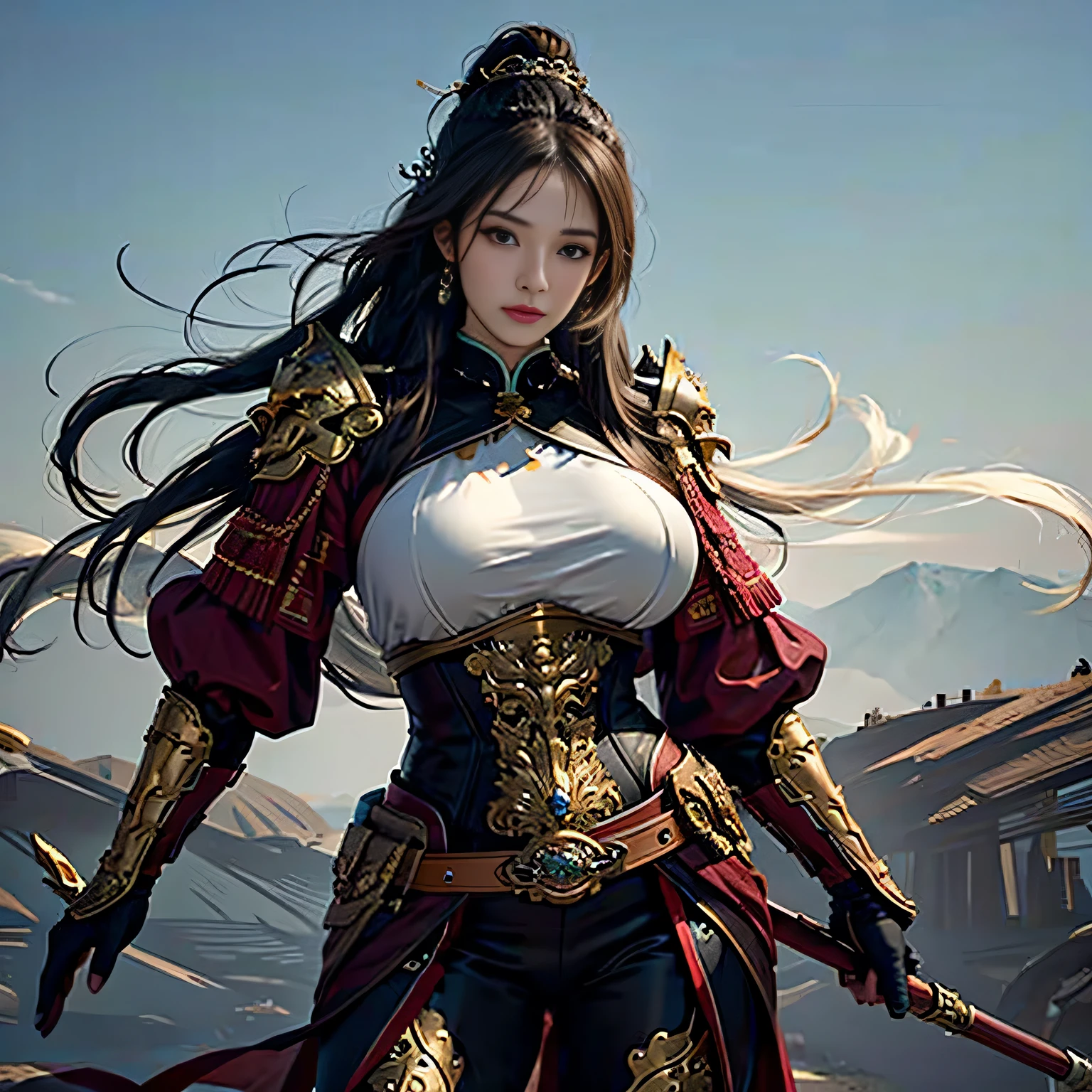 photorealistic portrait, high-res, Soft light, 1woman, bara, The picture sees the thighs.., Slender Figure, Hip up, gleaming skin, Overflowing big breasts, Reveal the breasts..., (higly detailed face), Beautiful Chinese Armor