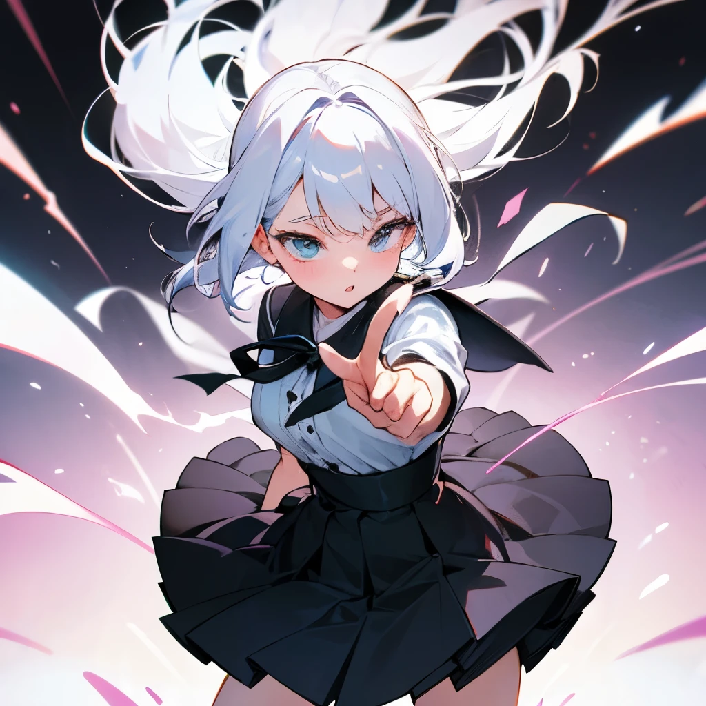 Anime girl with white hair pointing at camera with a black bow - SeaArt AI