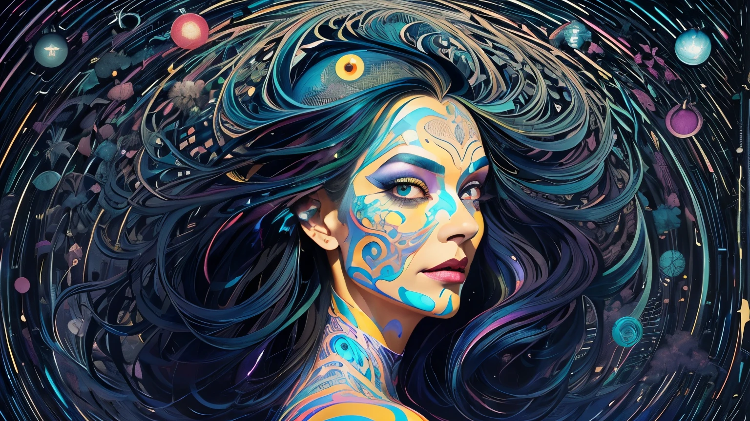 Ego. Ein weibliches Wesen, das sein Spiegelbild im Spiegel betrachtet, Punkt-Kunst, Graphit, Wandgemälde, Lisa Frank, Peter Mohrbacher, Victor Ngai / Hoher Kontrast / Planeten / Art Deco / alle kreisförmigen Objekte, dargestellt als Augäpfel / wirbelnde Formen / fließende Konturen / Gesicht einer reifen Frau