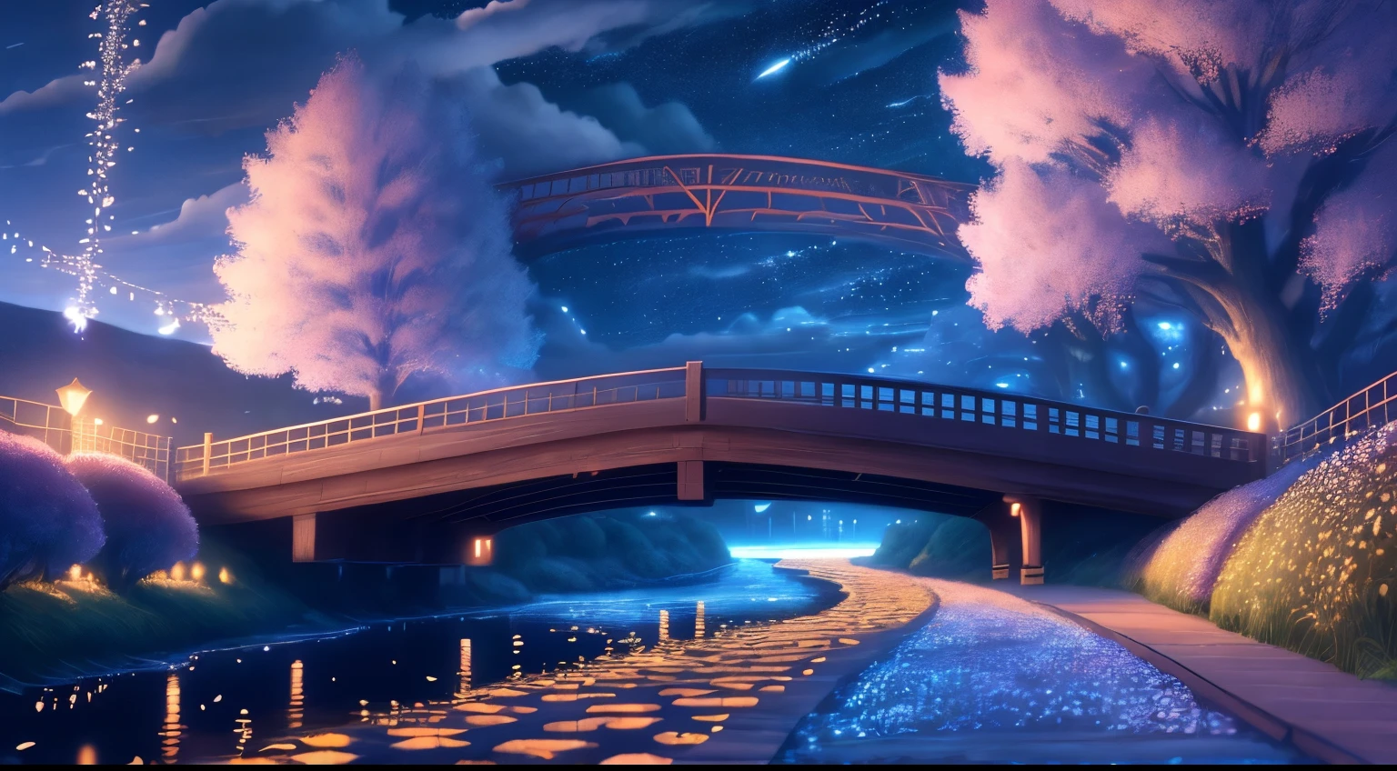 Stars in clouds, long path without people, next to a wooden bridge, beautiful flowers next to the bridge, river flowing under the bridge, shadow of a tree, beautiful anime scene, beautiful anime scenery, night sky, anime art, 8k wallpaper