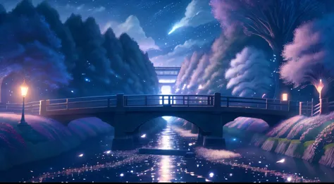 Stars in clouds, long path without people, next to a wooden bridge, beautiful flowers next to the bridge, river flowing under th...